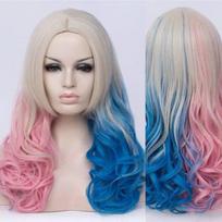 Moteriški Cosplay daugiaspalviai susiuvami gradiento perukai, ilgas perukas, išlenktas, didelė banga juoda balta mėlyna rožinė spalva perukai 24inches