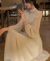 Balta vientisa vintažinė midi suknelė, moteriška pūstomis rankovėmis, plona, ​​miela, elegantiška suknelė moteriška prašmatni prancūziško stiliaus suknelė aukštu juosmeniu S smėlis