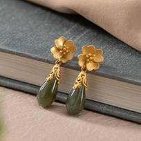 Original new ancient gold craftsmanship inlaid orchid natural Hetian jade earrings Chinese style elegant ladies  jewelry