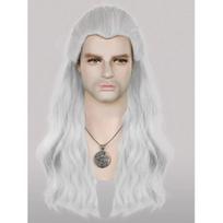 Ragana 3: „Wild Hunt“ sintetiniai plaukai ilgi sidabriniai baltai banguoti vyriški „Geralt Cosplay“ perukas Helovino Kalėdų mokyklai 26inches sidabras