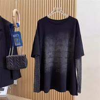 Women's Spring Summer Thin Plus Size  Black Loose Fake Two Piece Long Sleeve T-shirt Round Neck Coat M brown