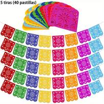 5 juostelės (40 tablečių) Meksikietiški Vėliavėliai Veltiniai Spalvingi Mirusiųjų Diena Papel Picado Vėliavėlė, Fiesta Gimtadienio Šventės Dekoracijos