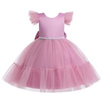 Girl Princess Tutu Ball Dress Flying Sleeves Bareback Bow Mesh Children's Party Wedding Formal Dress 110cm tamsiai rausva spalva