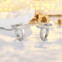 Fashionable Double T Full Diamond Earbuds Golden High-end Pure Needle Letter Earrings