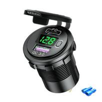 60w USB tipo C automobilinio USB įkroviklio lizdas, 12v / 24v dvigubas USB lizdas Pd3.0 ir qc3.0 automobilinis lizdas su LED voltmetru ir įjungimo / išjungimo jungikliu Fast C no wire žalia