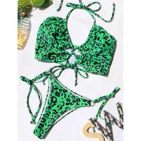 Seksualus aukšto kirpimo leopardo rašto moteriškas bikinis su stringais maudymosi kostiumas dviejų dalių bikinio komplektas su raišteliais maudymosi kostiumas maudymosi moteris S