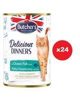 BUTCHER'S Delicious Dinners, ėdalas katėms, gabalėliai su jūros žuvimis drebučiuose 24 x 400g