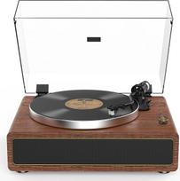 "Retrolife" patefonas su integruotais garsiakalbiais Diržinė pavara 33/45 aps/min vinilinių plokštelių grotuvas Palaiko "Bluetooth" atkūrimą su automatinio sustabdymo funkcija RCA išvestis ir Aux įvestis Geltonai/rudai