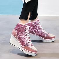 Women Shoes Pink Black Silver Glitter Vulcanize  Woman Platform Wedge Sneakers Casual Zapatos De Mujer 43 rožinė