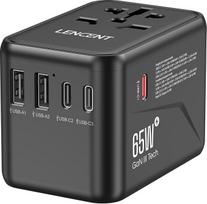 LENCENT universalus kelioninis adapteris, GaN III 65 W tarptautinis įkroviklis su 2 USB-A ir 3 C tipo PD greitojo įkrovimo jungtimis, pasaulinis kelioninis kištukinis adapteris, skirtas A/C/G/I tipo (JAV, JK, ES ir JAV) lizdams, juodas
