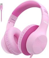 "EarFun" ausinės vaikams su USB-C kabeliu, 85 dB garsumo ribotuvu, patogios dėvėti, "Hi-Fi" garsas, sulankstomos, 8 lygių reguliuojama galvytė, ausinės vaikams, skirtos mokyklai, stalui ir kompiuteriui, rožinės spalvos