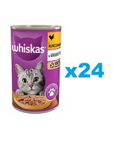 WHISKAS Adult 24x400 g - visavertis drėgnas ėdalas suaugusioms katėms, vištienos gabalėliai drebučiuose