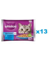 WHISKAS Adult 52x85g Fish Delicacies drėgnas maistas suaugusioms katėms želė su: lašiša, tunas