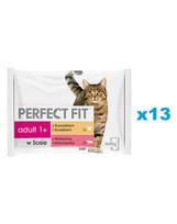 PERFECT FIT Adult – 52 x 85 g pakuotė, drėgnas kačių maistas su vištiena ir žirneliais, su jautiena ir morkomis
