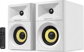 Sanyun SW205 80W 4 colių aktyvūs knygų garsiakalbiai su mediniu korpusu, naujovišku išoriniu dizainu ir pažangiais DSP lustais, optiniu 3,5 mm "Aux Bluetooth 5.4" įvadu, nuotolinio valdymo pulteliu (pora, baltos spalvos)