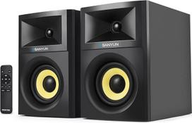 Sanyun SW205 80W 4 colių aktyvūs knygų garsiakalbiai su mediniu korpusu, naujovišku išoriniu dizainu ir pažangiais DSP lustais, optiniu 3,5 mm "Aux Bluetooth 5.4" įvadu, nuotolinio valdymo pultu (pora, juoda)