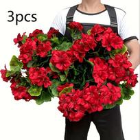 3 dideli dirbtinių pelargonijų gėlių rinkinys - UV spinduliams atsparūs plastikiniai erikų krūmai, puikiai tinka vidaus ir lauko dekoravimui raudona