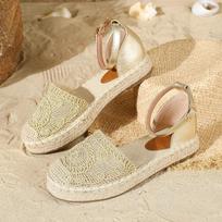 Kanapinės espadrilės moterims, bohemiški paplūdimio sandalai ant platformos, kasdieniai batai su dirželiu per kulkšnį ir sagtimi, plokščiapadžiai, sandalai iš medvilninės virvės, lino ir odos 36 auksas