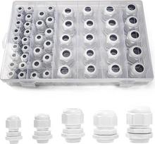 50 dalių kabelių riebokšlių rinkinys, vandeniui atsparios nailono reguliuojamos kabelių movos, uždarymo kabelių riebokšliai PG7 PG9 PG11 PG13.5 PG16 PG19 baltos spalvos