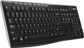 "Logitech K270" belaidė klaviatūra, 2,4 GHz ryšys per USB "Unifying" imtuvą, 8 daugialypės terpės ir sparčiųjų klavišų klavišai, atspari purslams, 2 metų baterija, vokiškas QWERTY išdėstymas - juoda