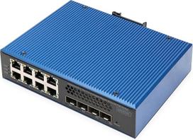 DIGITUS PoE tinklo komutatorius - 12 prievadų Gigabit Ethernet - 8X RJ45 + 4X SFP+ 10Gigabit - IP40 - L3 Managed, VLAN - 10/100/1000Mbps - Hutschienenmontage - Industrial Serie - schwarz/blau