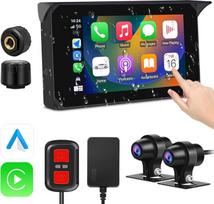 VSYSTO Motociklų prietaisų skydelio kamera, belaidė "CarPlay" ir "Android" nešiojamoji automobilinė stereosistema, 5 colių IPS vandeniui atspari jutiklinė prietaisų skydelio kamera, HD1080P priekinė ir galinė kamera, padangų slėgio jutiklis, navigacijos į