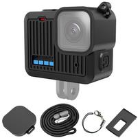 GoPro HERO 4K 2024 PULUZ silikoninis apsauginis dėklas šoniniam sąsajos dangteliui su riešo dirželiu ir objektyvo dangteliu (Juoda) juoda