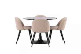 Glade Valgomojo stalas - juodas / juodas MDF + aksomo siūlių kėdė - juodas / smėlio spalvos audinys (poliesterio linas) _4
