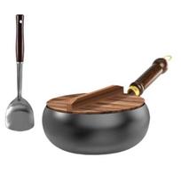 Tradicinė ketaus Wok keptuvė su dangčiu ir mentele 24 cm gryno ketaus virtuvės indai 24cm