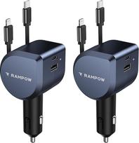 2 pakuotės 100 W cigarečių žiebtuvėlio USB C, RAMPOW 4-in-1 ištraukiamas automobilinis įkroviklis, 65 W USB-C greitasis įkrovimas, BMW aksesuarai, automobilių aksesuarai, tinkantys "MacBook", "iPhone16e 15", "Samsung", "iPad", mineralinė spalva