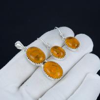 Baltijos gintaro pakabukų rinkinys, Baltijos gintaro akmens rankų darbo 925 svarų sterlingų sidabro auskarų ir pakabuko rinkinys moterims, Pakabukas, Gimtadienio dovana 2.55" oranžinė