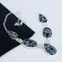 Natūralus Sniego Obsidiano Brangakmenio Rankų Darbo 925 Sterlingo Sidabro Karoliai, Sniego Obsidiano Sidabro Karoliai Žmonai, Unisex Karoliai Gimtadienio Dovana 20" juoda