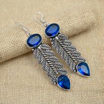 Blue Sapphire Lab-Created Handmade Jewelry 925 Sterling Silver Wedding Gift Earrings 2.95 Inches mėlyna