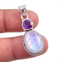 Natural Rainbow Moonstone, Amethyst Gemstone 925 Solid Silver Pendant 1.50  b3T43