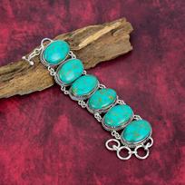 Copper Turquoise 925 Solid Sterling Silver Bracelet Jewelry, Handmade Bracelet Jewelry For Her, Wonderful Turquoise Gemstone Jewelry For Women 8 Inches With Adjustable mėlyna