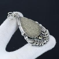 Natural Pyrite Druzy Gemstone Silver Pendant in 925 Sterling Silver- Handmade Design, Everyday Wear Jewelry, Unique Citrine Pendant Easter Gift 2.36" auksinė