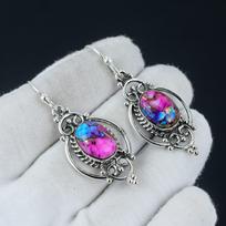 King Man Pink Dahila turquoise spygliuotas austrės auskaras, ovalūs akmeniniai auskarai, 925 sterlingų sidabro auskarai, brangakmenių auskarai, kabantys auskarai 2.16 rožinė