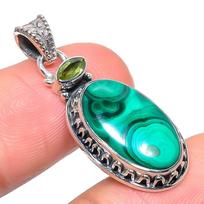 Natūralus malachitas, peridoto brangakmenis 925 bandinio sterlingų sidabro pakabukas 1,42  j4S82