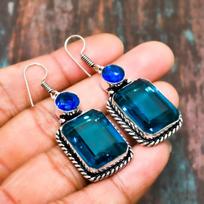 Swiss Blue Topaz, Gemstone Handmade Solid 925 Sterling Silver Jewelry Earring 2.00 Inches mėlyna