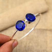 Amazing Blue sapphire Lab-Created Gemstone Handmade 925 Solid Sterling Silver Jewelry Cuff Adjustable For Women Adjustable mėlyna
