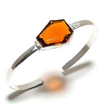 Natural Citrine Gemstone 925 Sterling Silver Cuff Bangle Adjustable N9P13