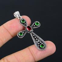 Garnet, Peridot Gemstone Handmade 925 Sterling Silver Cross Pendant 2.10  H4b49 black