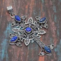 Kryžiaus Lapis Lazuli Brangakmenio Rankų Darbo 925 Sterlingo Sidabro Pakabukas Papuošalas Padėkos Dienai 3.35 Inches mėlyna