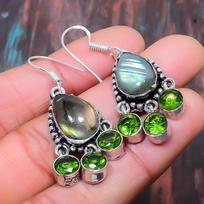 Labradorite, Peridot Gemstone 925 Sterling Silver Handmade Unique Jewelry Earring 1.69 Inches žalia