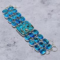 Natural Spiny Oyster, Blue Topaz Gemstone 925 Sterling Silver Bracelet 7-8  h7K53 blue