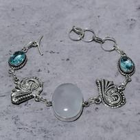 Natūralus vaivorykštinis mėnulio akmuo, mėlynas topazas 925 sterlingo sidabro apyrankė 7-8  a5l77