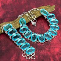 Swiss Blue Topaz 925 Solid Sterling Silver Jewelry Set, Gemstone Necklace & Bracelet Jewelry Set For Her, Anniversary Gift Handmade Jewelry Set Adjustable With 8"-18" mėlyna