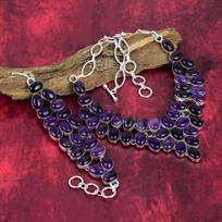 Amethyst Gemstone Jewelry, 925 Solid Sterling Silver Bracelet, Gift For Women Handmade Bracelet & Necklace Jewelry Set Adjustable With 8"-18" violetinė