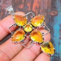 Cross Citrine Gemstone Handmade 925 Sterling Silver Jewelry Pendant For Memorial Day 2.56 Inches geltona