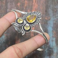 Citrine Gemstone Handmade 925 Sterling Silver Cuff Bangle Adjustable For Thanksgiving Adjustable geltona